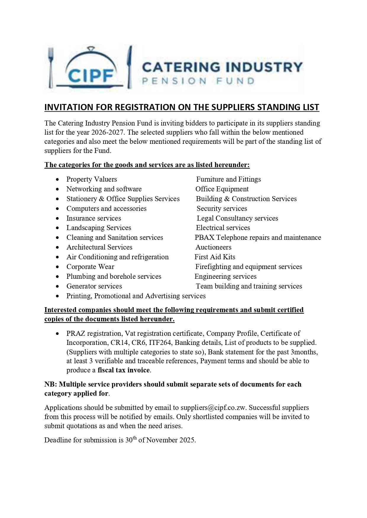 Invitation for registration on the suppliers standing list