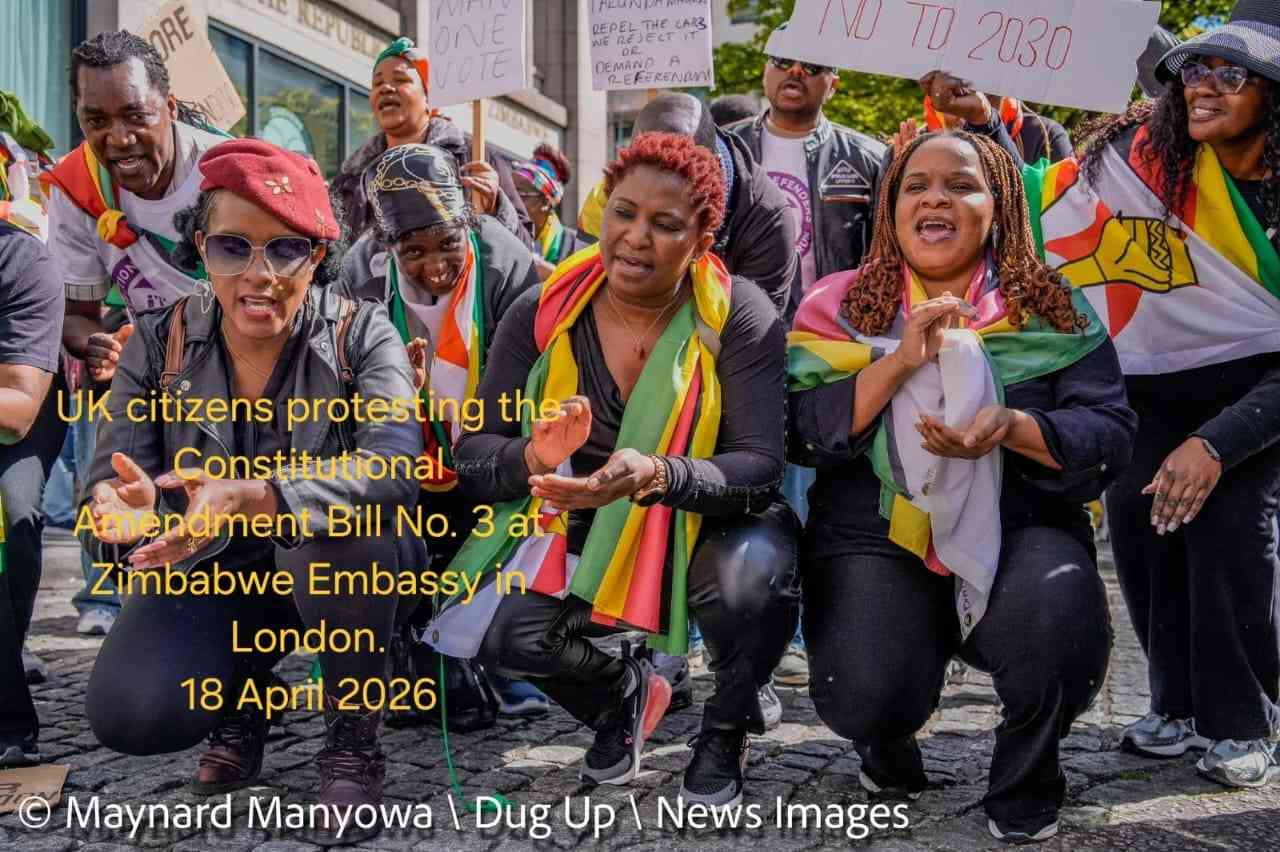 UK diasporans are protesting the CAB3 at the Zimbabwe Embassy in London on 18 April 2026.