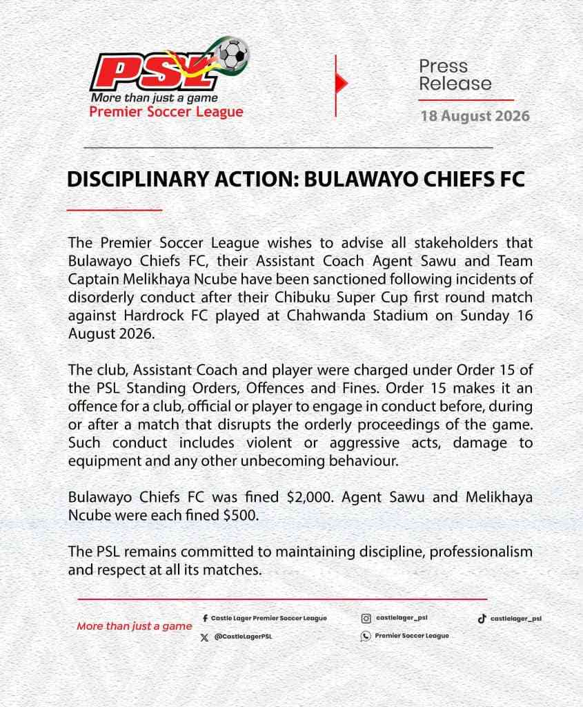 PSL fine Bulawayo Chiefs, Sawu and Ncube  over Chahwanda chaos.