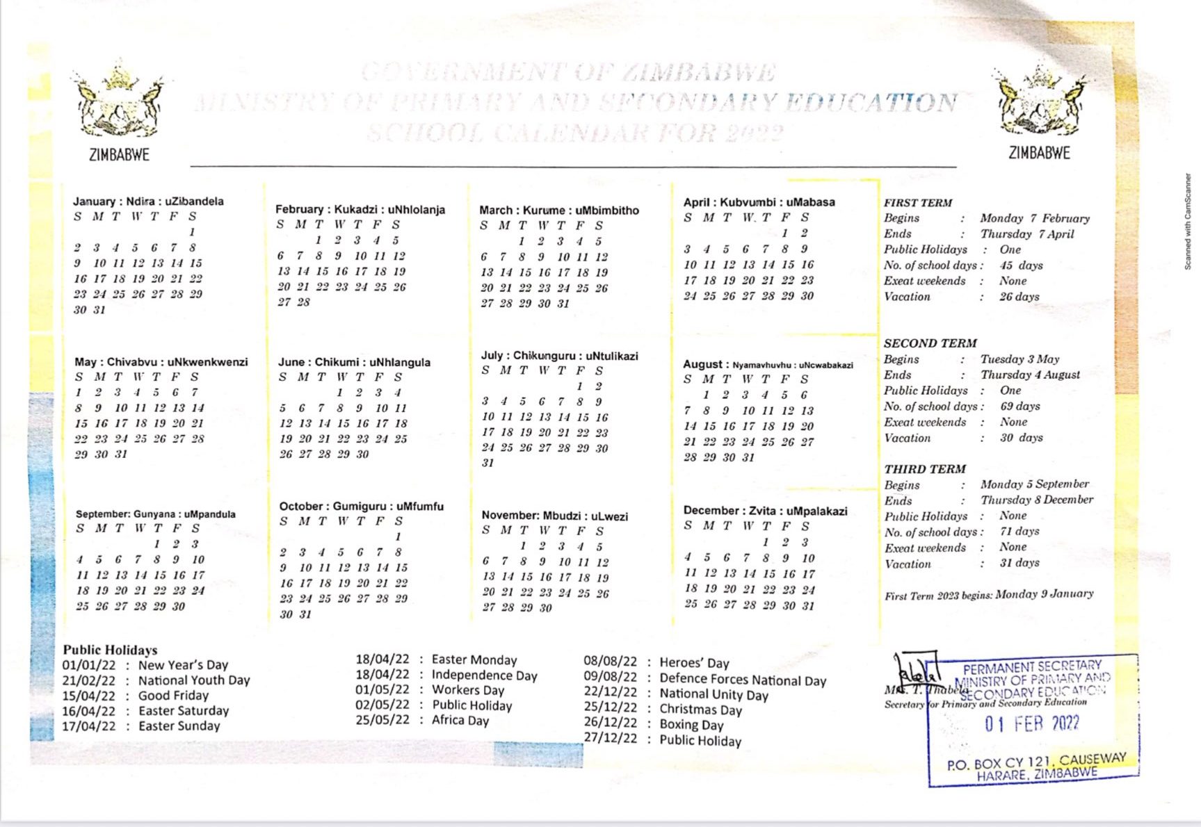 Govt releases 2022 schools calendar -Newsday Zimbabwe