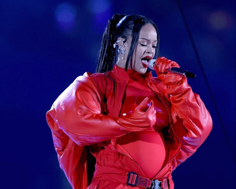 Rihanna perfoming at the Superbowl Halftime Show in February 2023